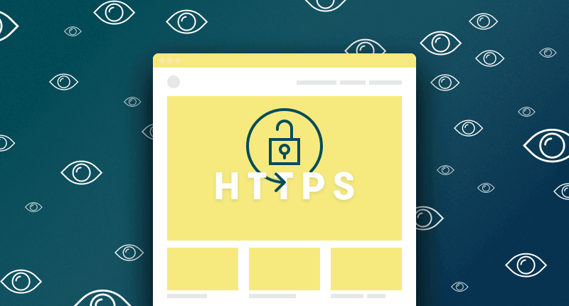 Ein gelbes Anwendungsfenster zeigt ein grünes Schlosssymbol und das Wort HTTPS