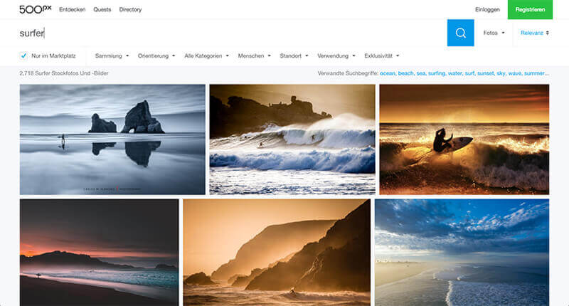 Darstellung der 500px Webseite auf dem mehrere Stockfotos zu sehen sind