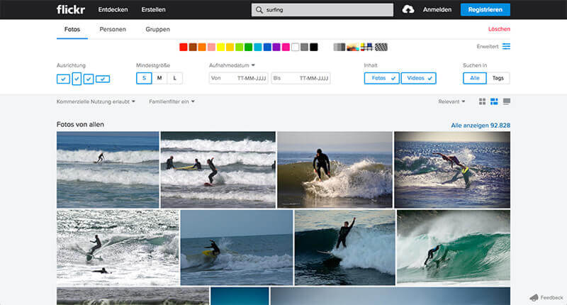 Darstellung der flickr Webseite auf welcher verschiedene Stockfotos zu sehen sind