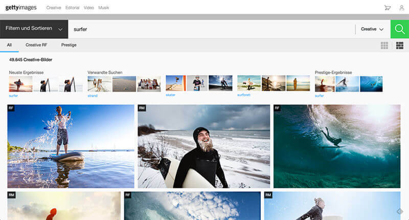 Darstellung der gettyimages Webseite auf dem mehrere Stockfotos zu sehen sind