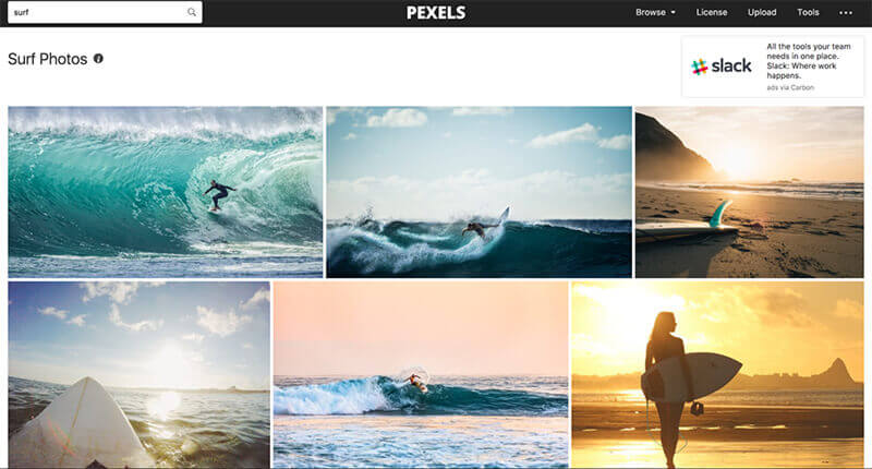 Darstellung der pexels Webseite auf dem mehrere Stockfotos zu sehen sind