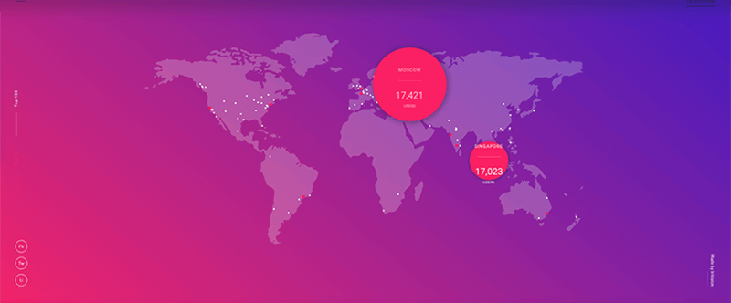 Grafische Darstellung Invision Animation. Die Weltkarte ist zu sehen auf dem es einige Hotspots gibt