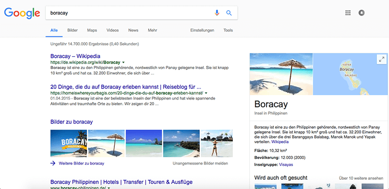 Bild einer Google Suche nach der Insel Boracay