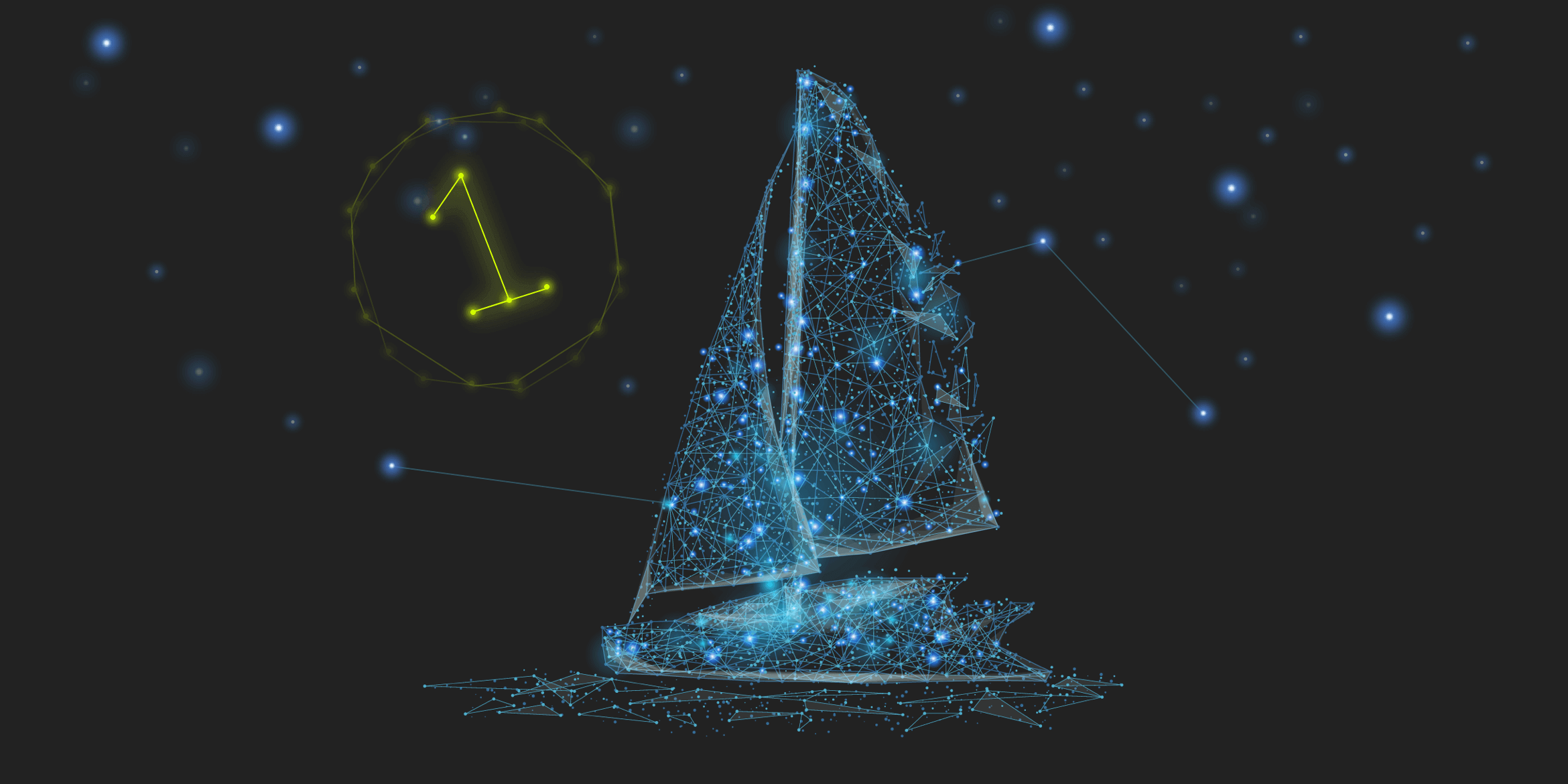 In form eines Sternenbildes mit blauen Sternen dargestelltes Schiff vor einem schwarzen Hintergrund. Links daneben leuchtet eine gelbe 1