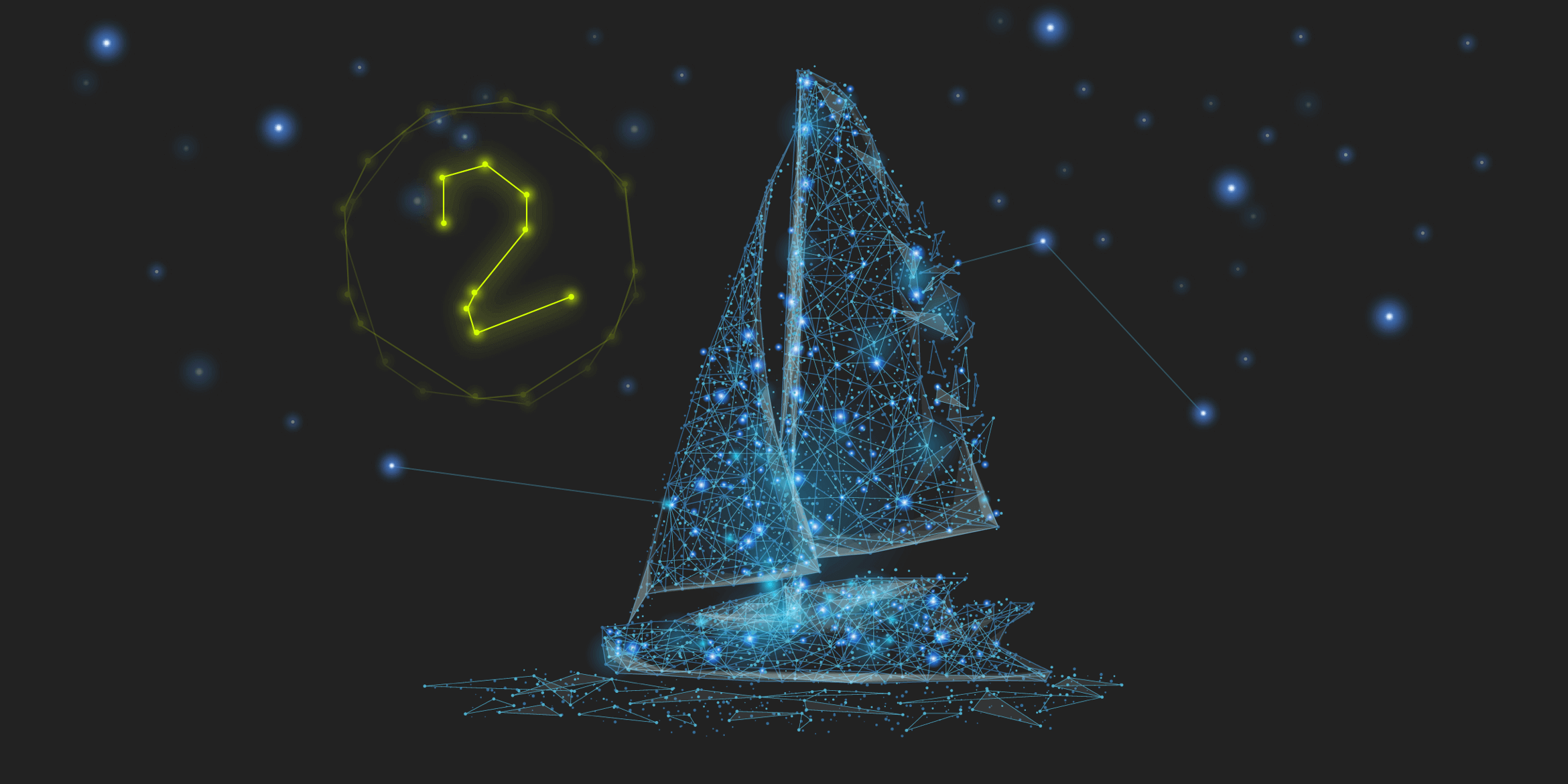 In form eines Sternenbildes mit blauen Sternen dargestelltes Schiff vor einem schwarzen Hintergrund. Links daneben leuchtet eine gelbe 2