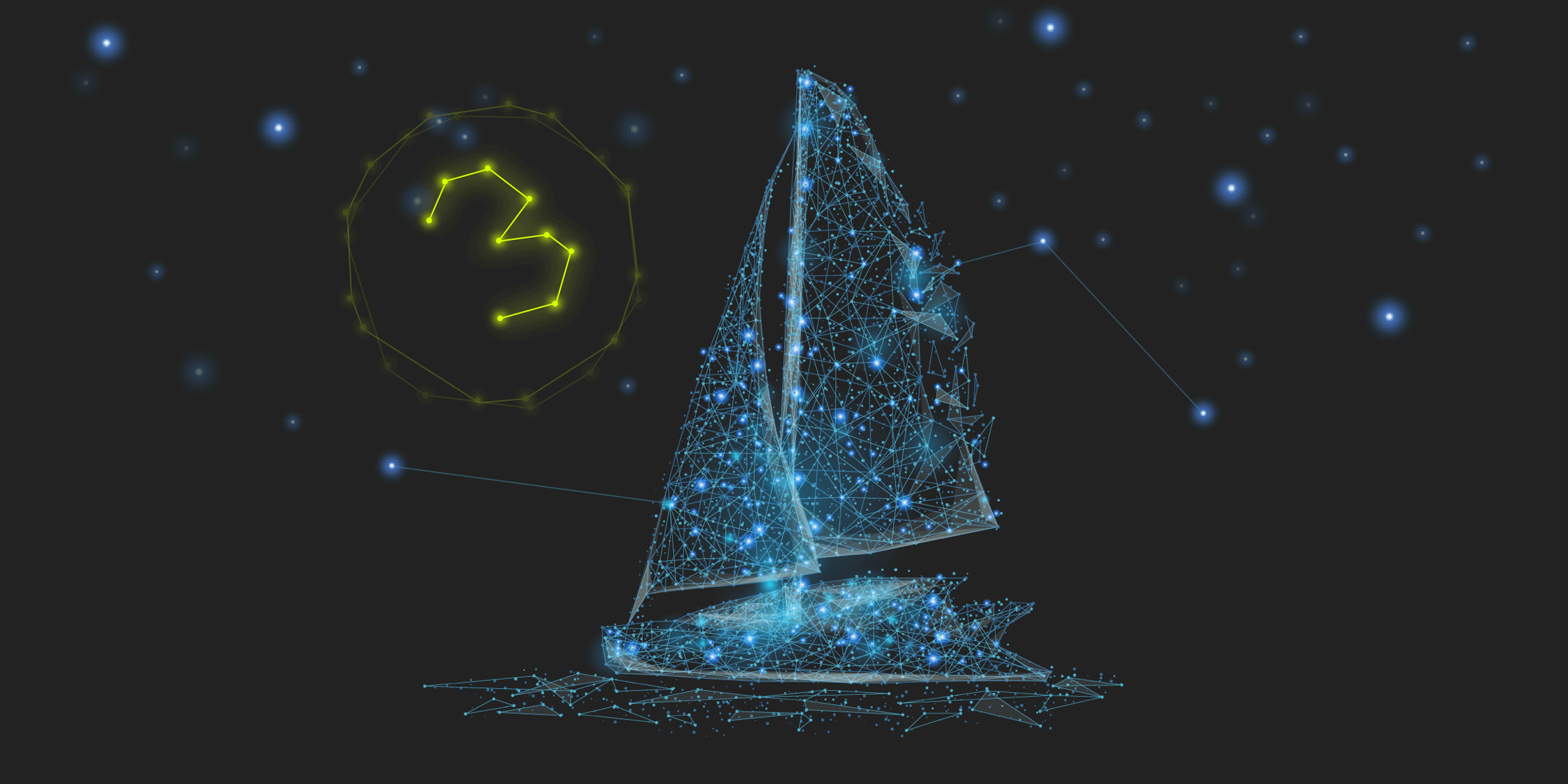 In form eines Sternenbildes mit blauen Sternen dargestelltes Schiff vor einem schwarzen Hintergrund. Links daneben leuchtet eine gelbe 3