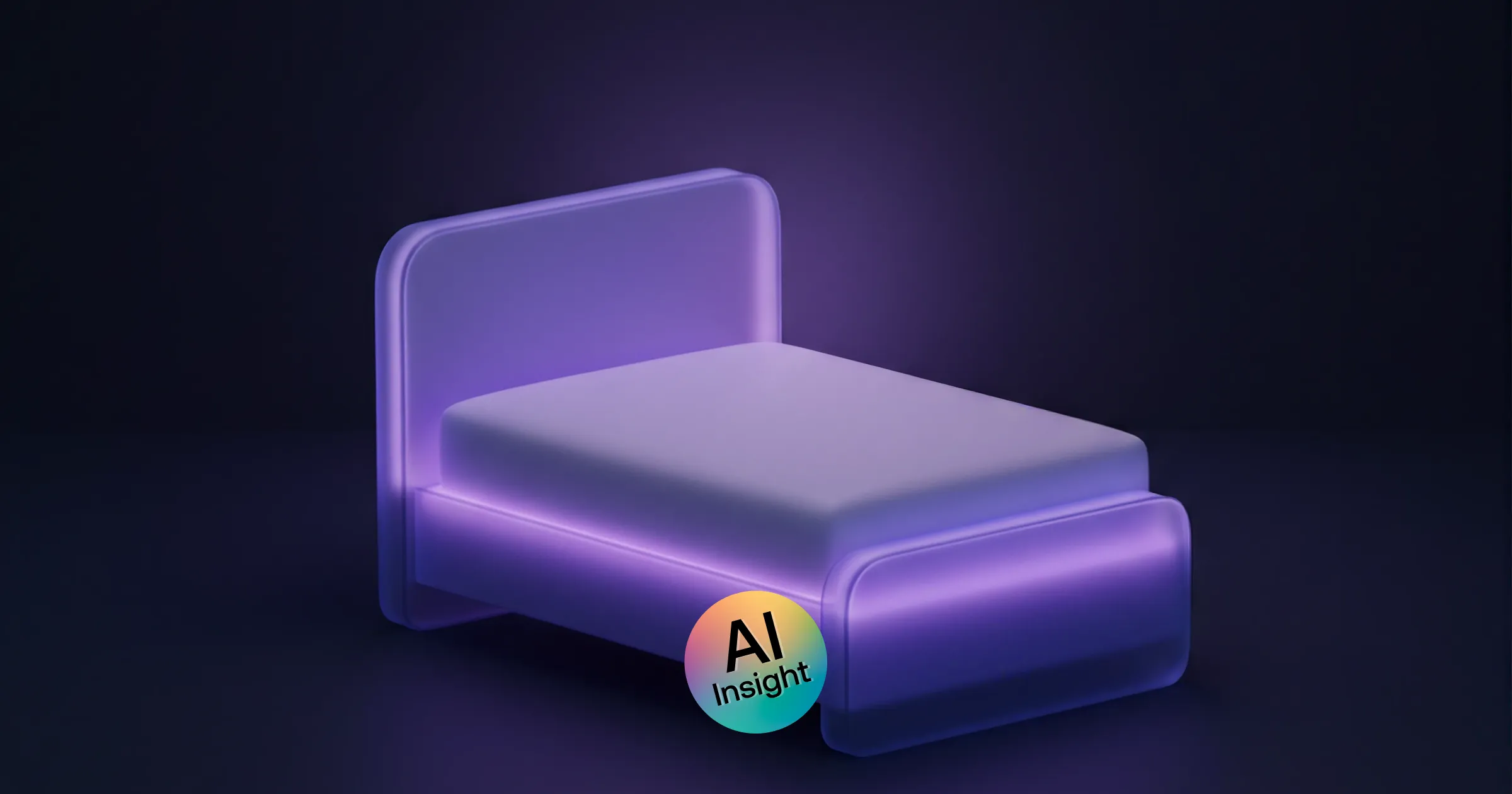 Ein Bett, gerendert im Stil einer KI-generierten Benutzeroberfläche: violetter Farbverlauf, glasige Oberflächen und weiches Leuchten auf dunklem Grund. Unten rechts ein Signet mit der Aufschrift „AI Insight".