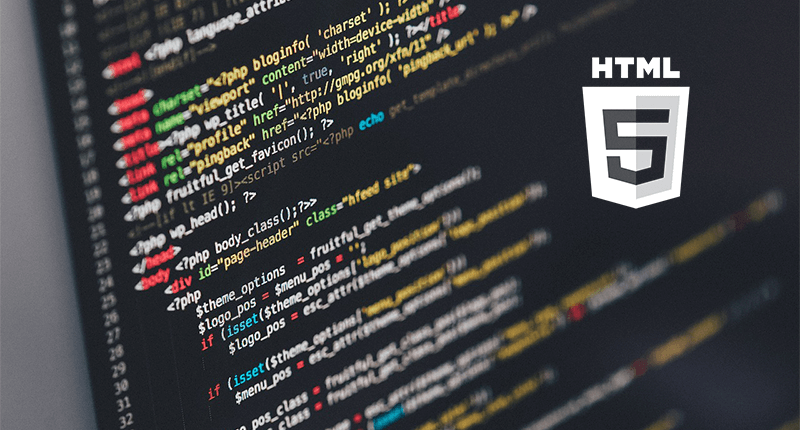 Das HTML 5 Logo ist zu sehen. Im Hintergrund sieht man den Ausschnitt eines Codes