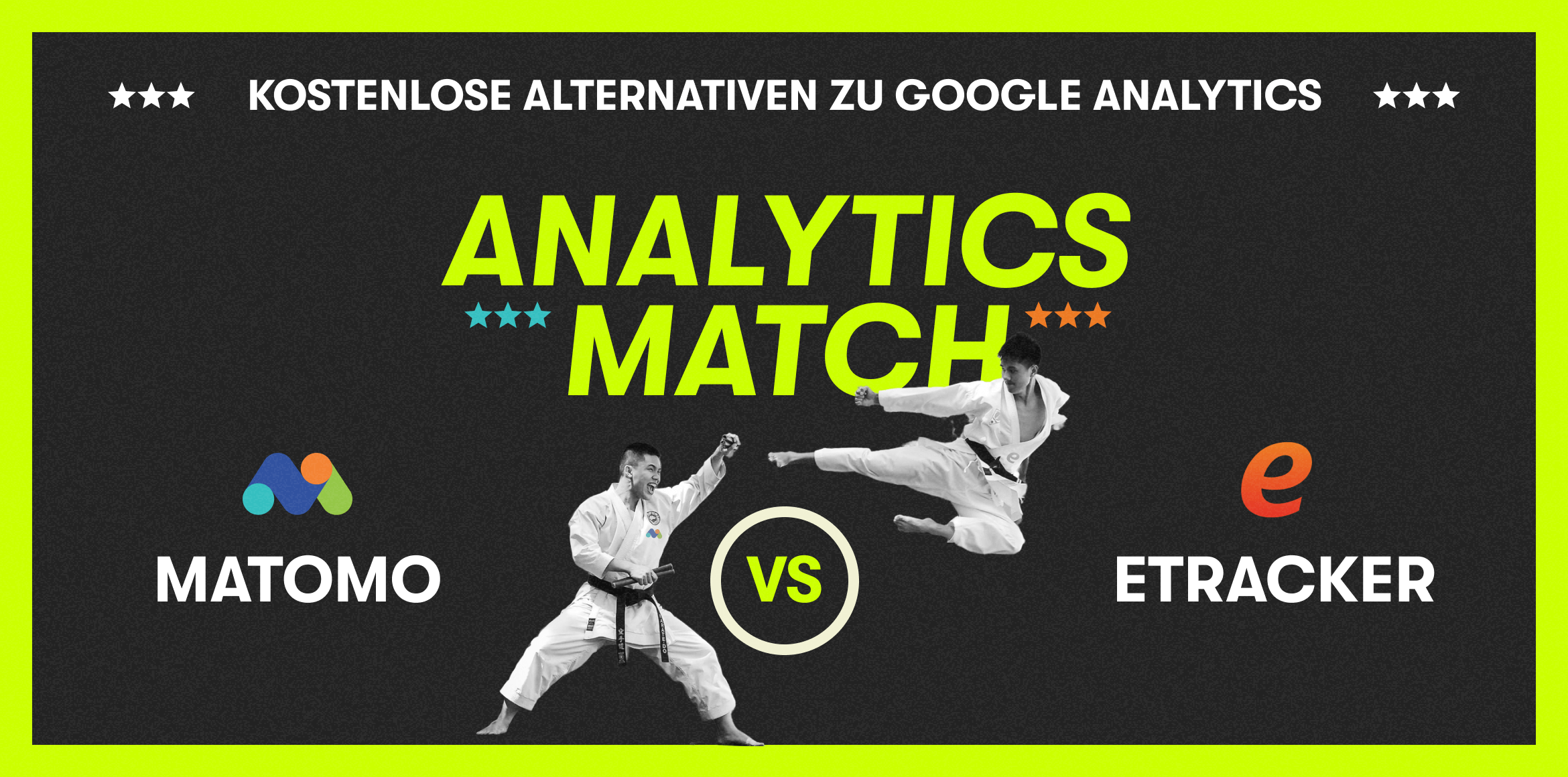 2 Kämpfer die symbolisch für Matomo und Etracker stehen, treten gegeneinander an. Das Analytics Match