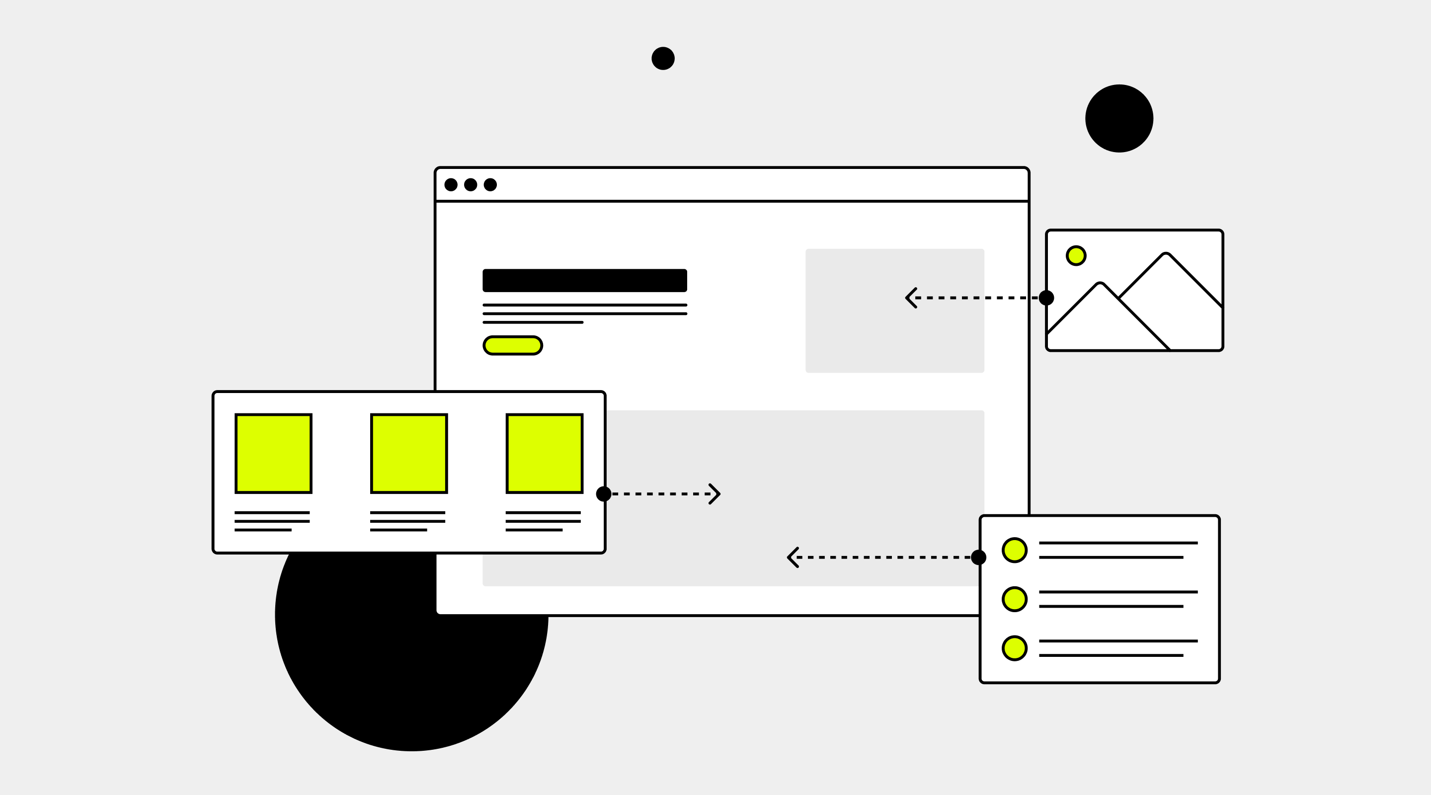 Minimalistische Grafik einer Landingpage mit Text-, Bild- und Listenelementen.