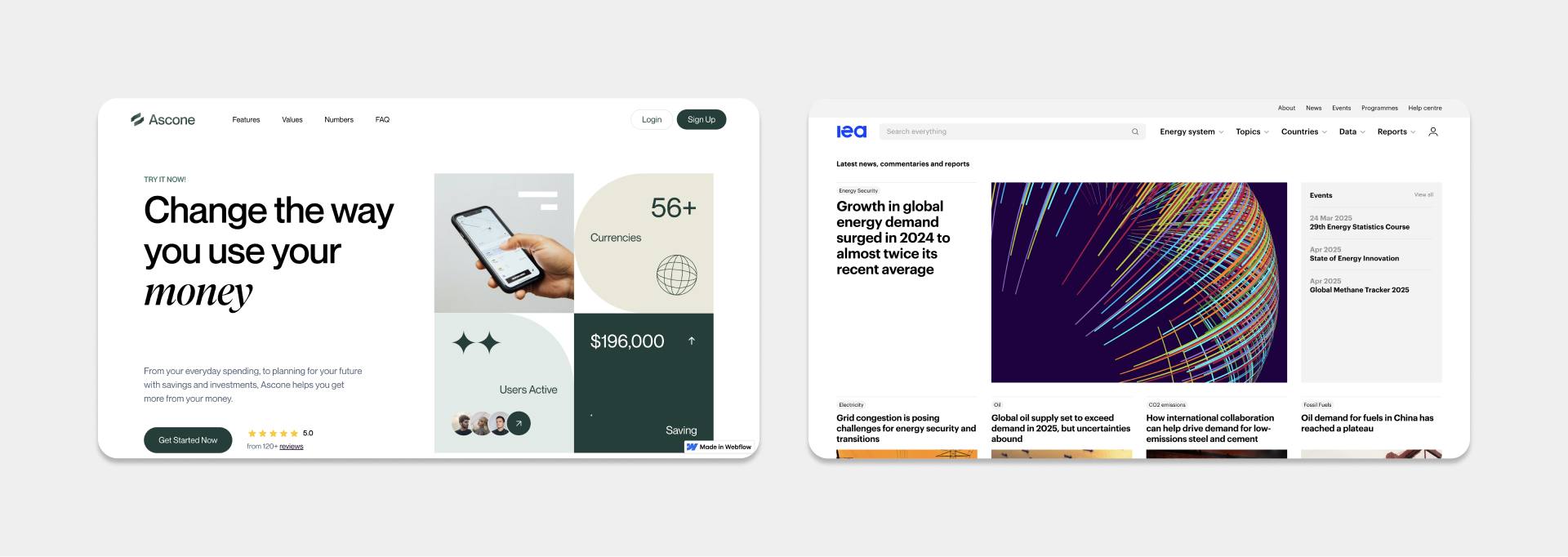 darstellung von zwei minimalistisch anmutenden Websites mit viel Weissraum und großer Typografie