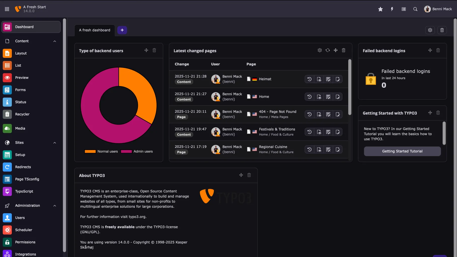 TYPO3 v14 Backend-Dashboard im Dark Mode – überarbeitete Modulstruktur