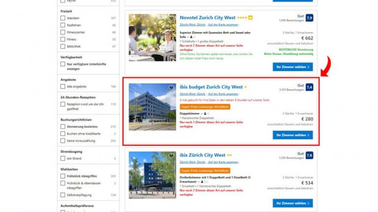 Screenshot einer Webseite auf der man Hotels buchen kann