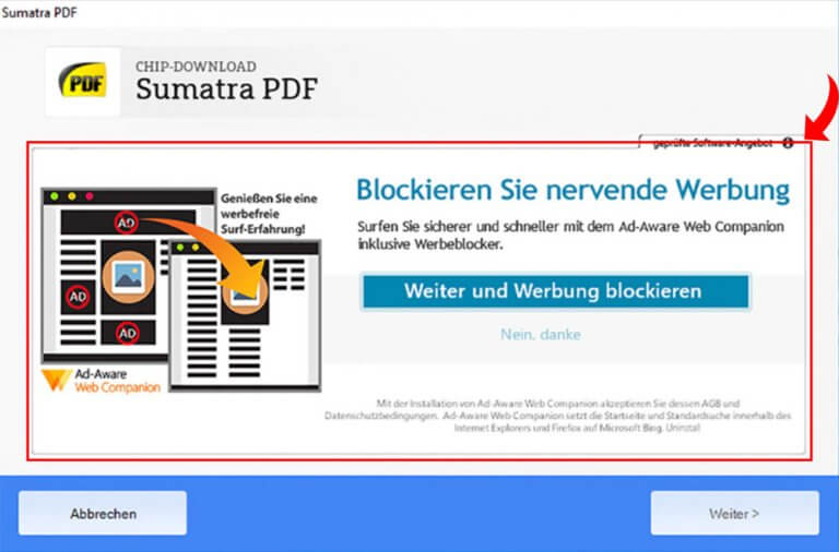 Screenshot einer Pop Up Anzeige auf dem angeboten wird, nervige Werbung abzuschalten