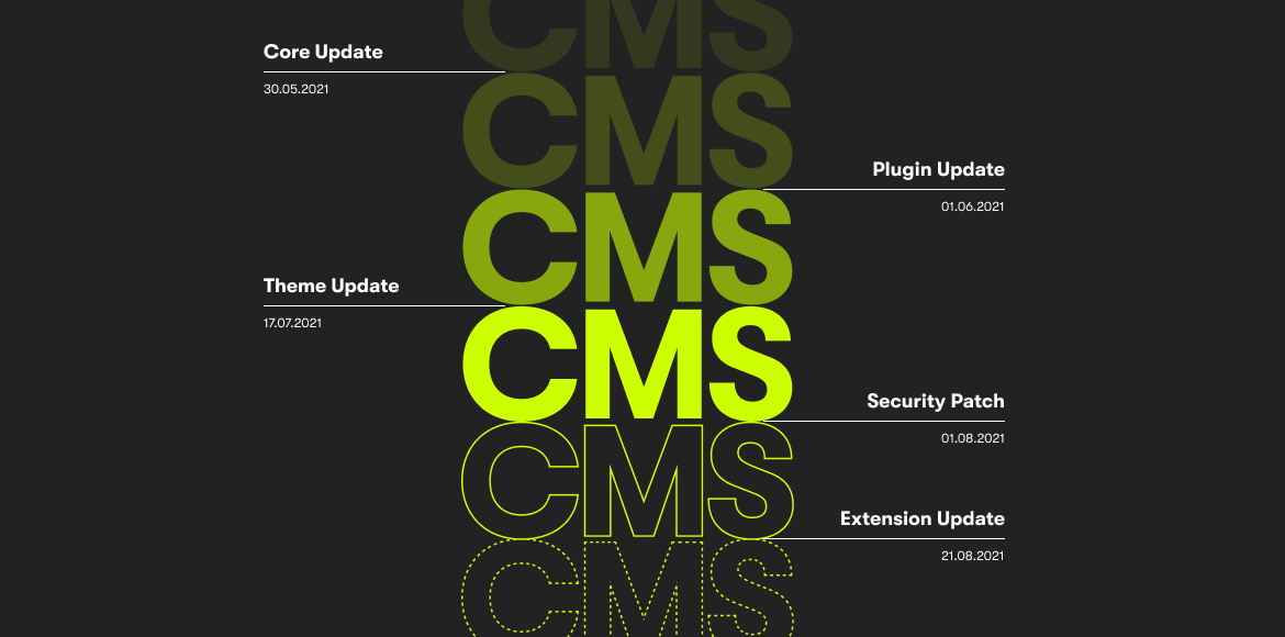 Eine Abbildung des Grün geschriebenen Wortes CMS auf einem schwarzen Hintergrund. Symbolische Darstellung von Updates