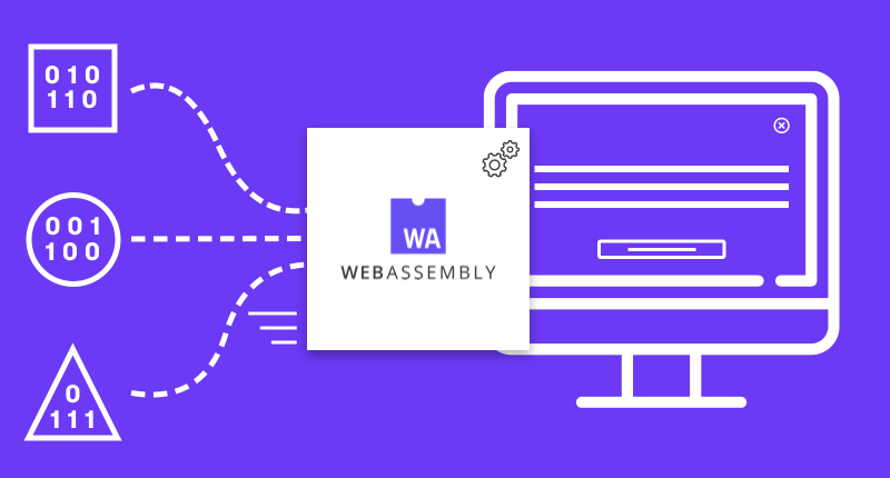 Das Web Assembly Logo vor einem lila Hintergrund auf dem ein Computer zu sehen ist