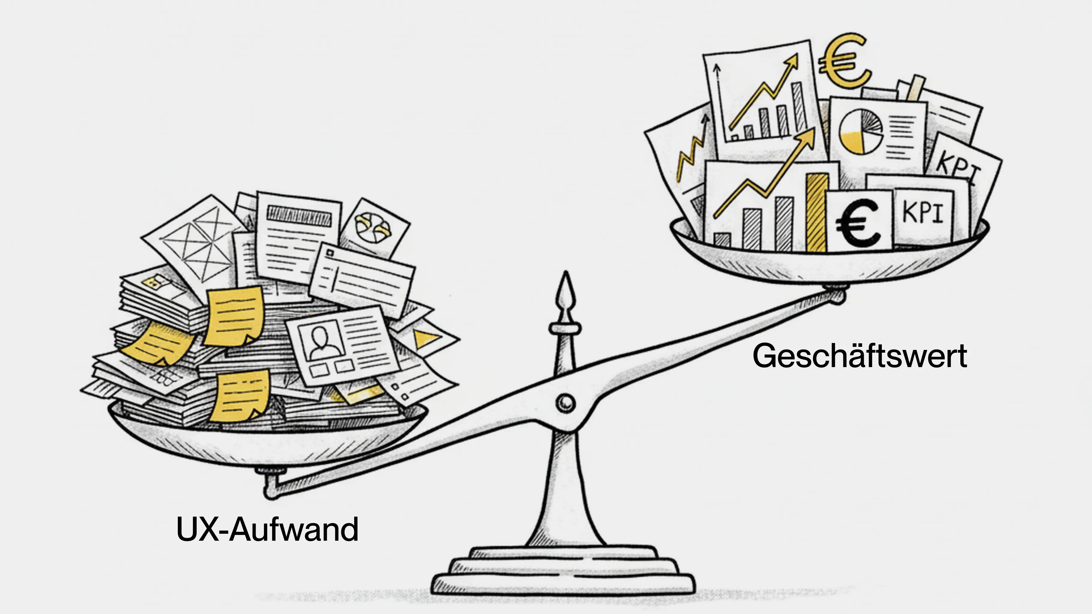 Illustration einer Waage mit UX-Artefakten auf der einen und Business-Kennzahlen auf der anderen Seite