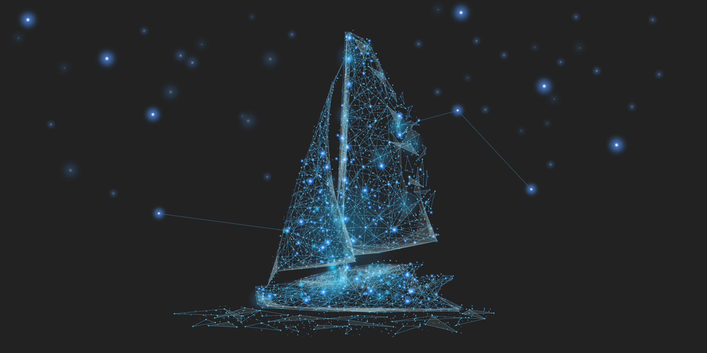 In form eines Sternenbildes mit blauen Sternen dargestelltes Schiff vor einem schwarzen Hintergrund