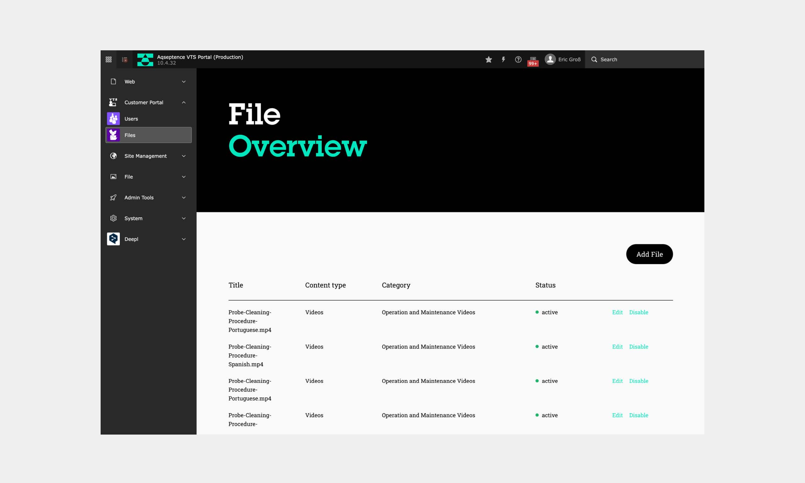 Screenshot der Webseite Airvac, gezeigt wird das Customer Portal Backend Overview