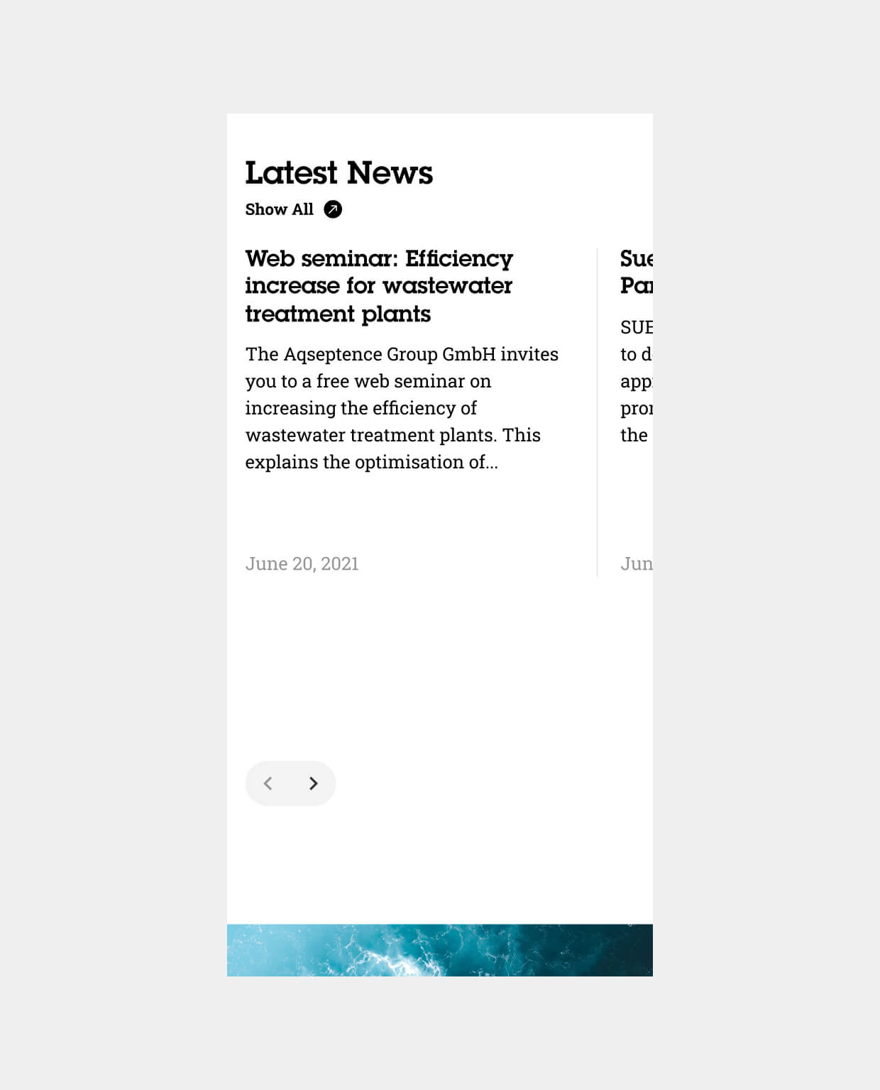 Screenshot der Webseite der Firma Aqseptence in mobiler Ansicht werden die News gezeigt