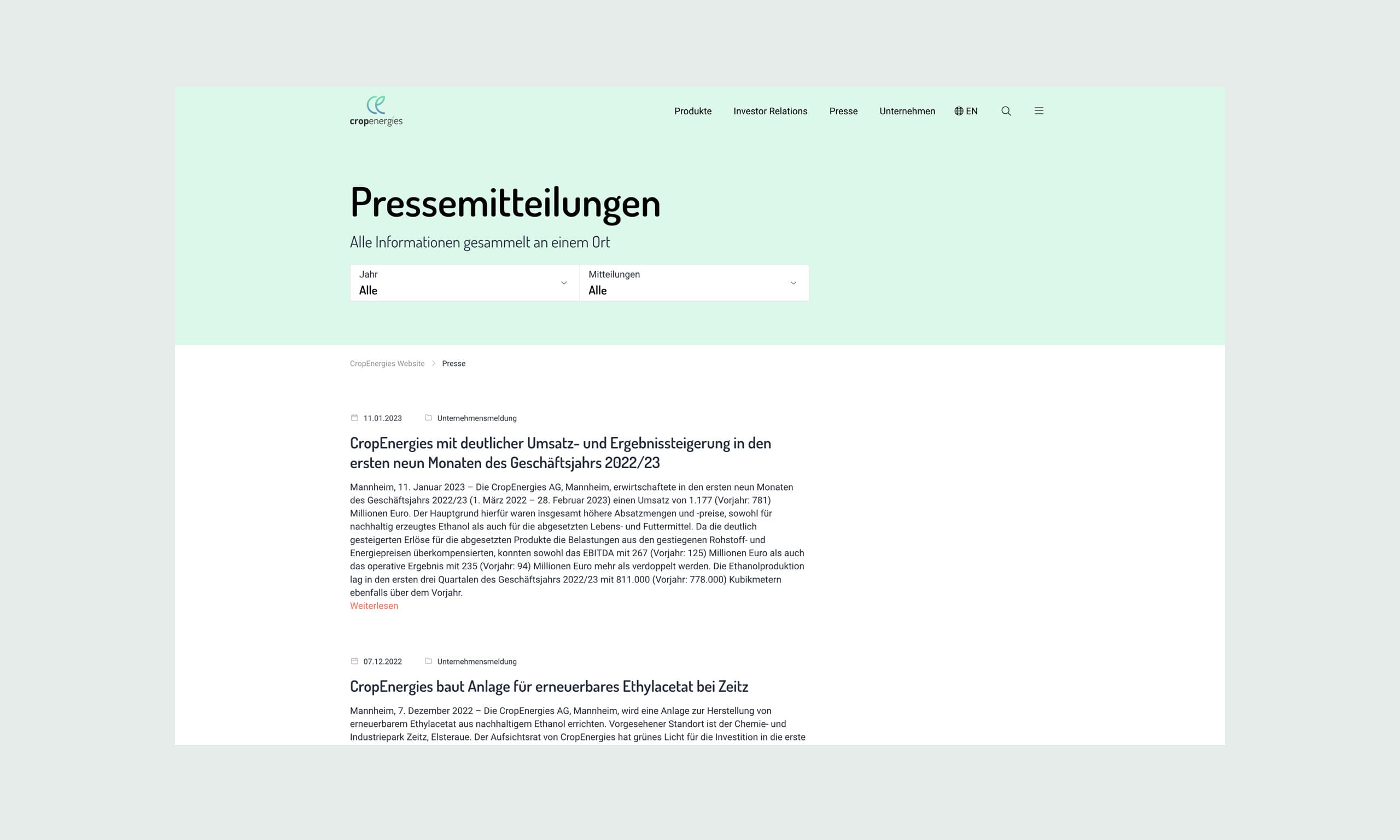 LAyout der Presseseite der CropEnergies AG im Rahmen des Websiterelaunches