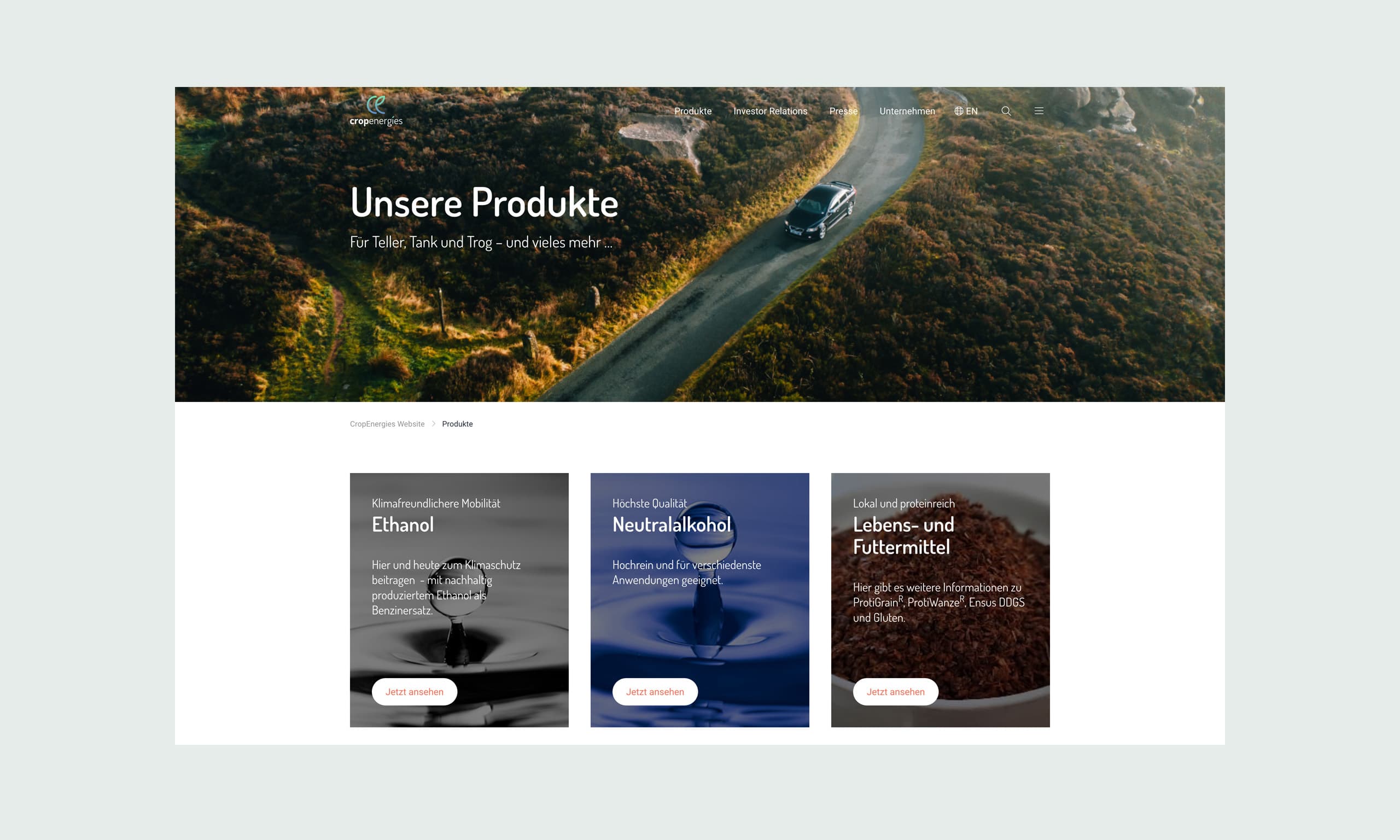 Layout der Produktübersichtsseite der CropEnergies AG