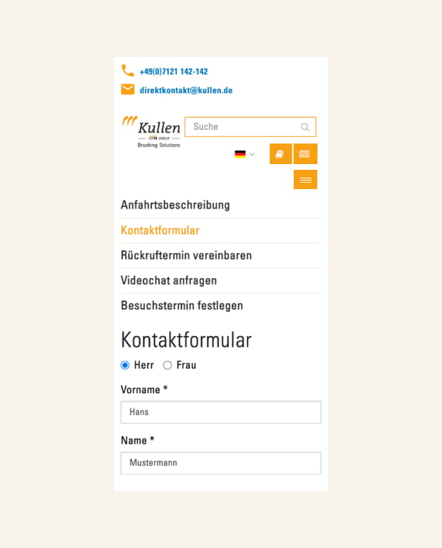 Abbdildung mit KOntaktaufnahmemöglichkeiten Benutzeroberfläche von Kullen-Koti 