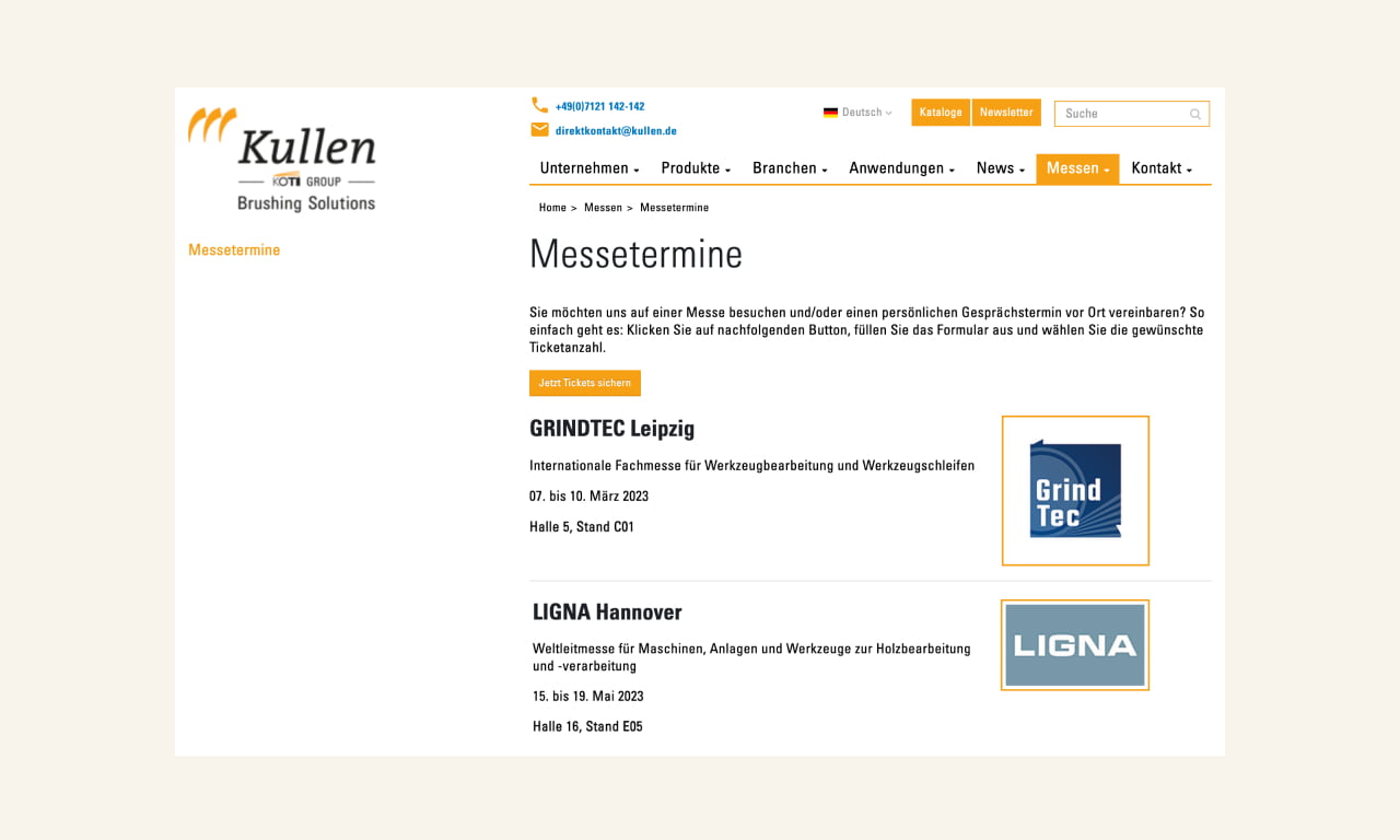 Screenshot der Webseite der Firma Kullen Koti