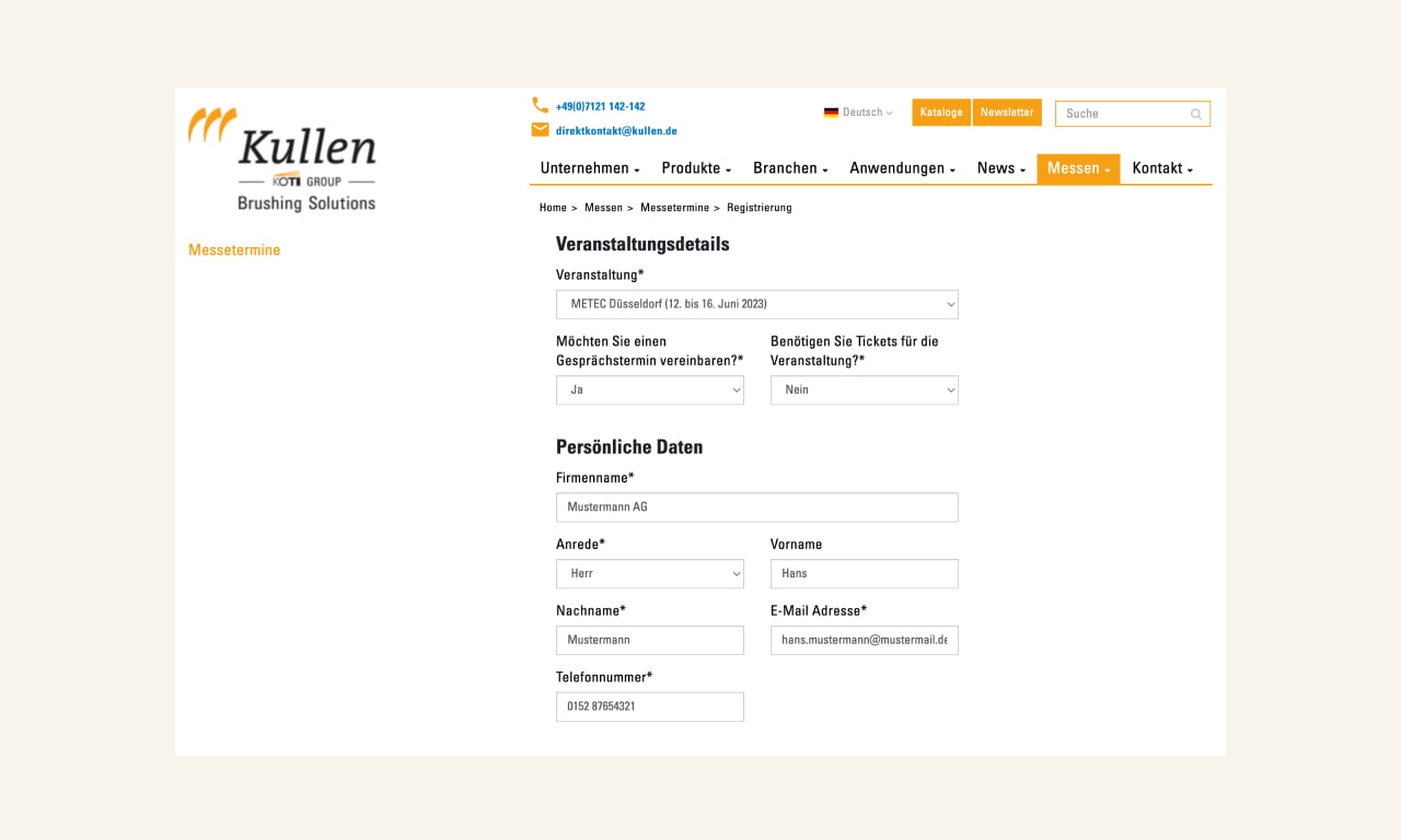 Messeregistrierungsformular auf der Kullen-Koti Website