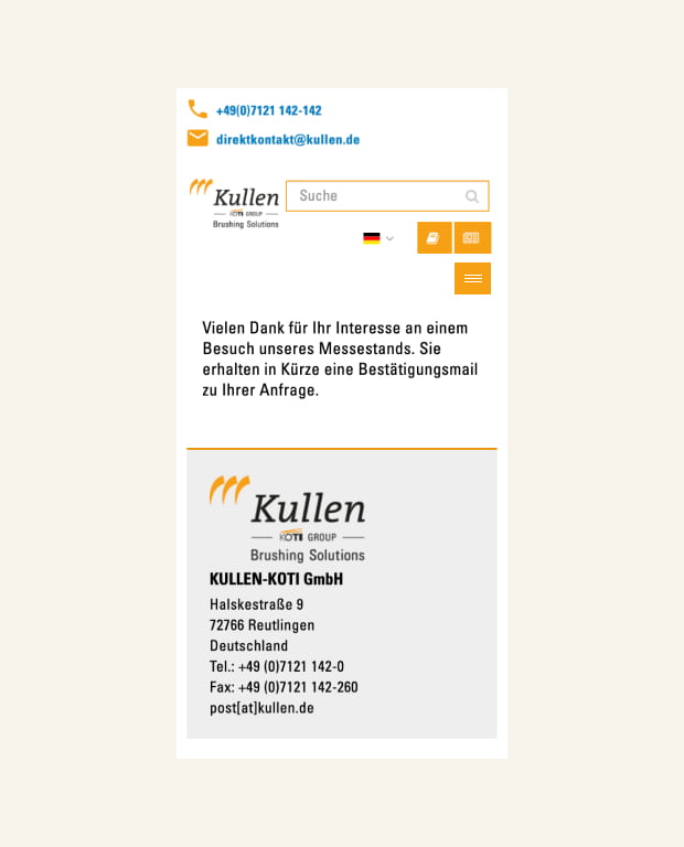 Dankeseite der Messeregistrierung auf der Kullen-Koti Website