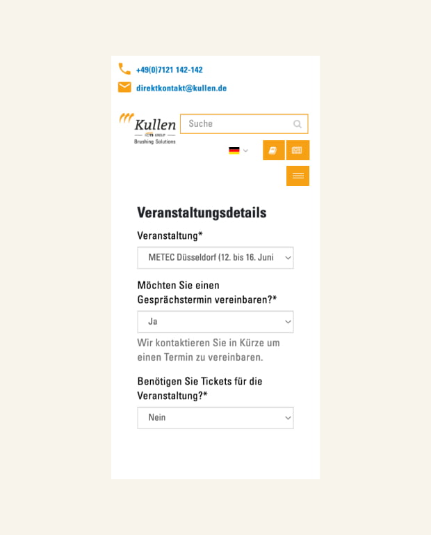 Ansicht der Messeseite auf einem Mobilgerät von Kullen-Koti 