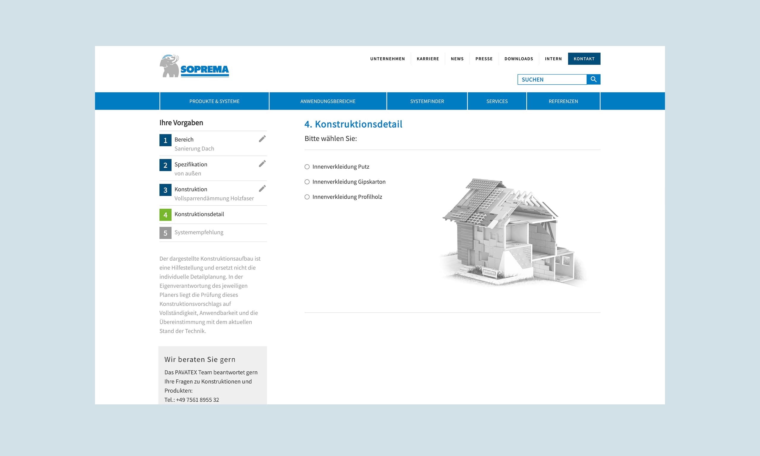 Darstellung der Konstruktionsdetails in der mobilen Ansicht des Pavatex Konstruktionsfinders