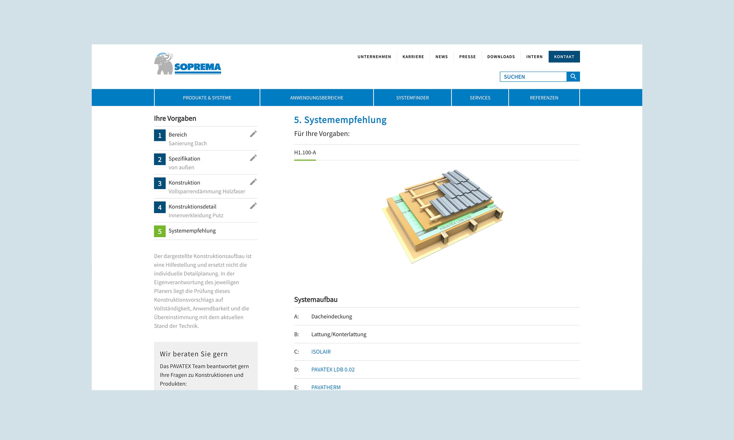 Darstellung der Systemempfehlung Pavatex Konstruktionsfinders