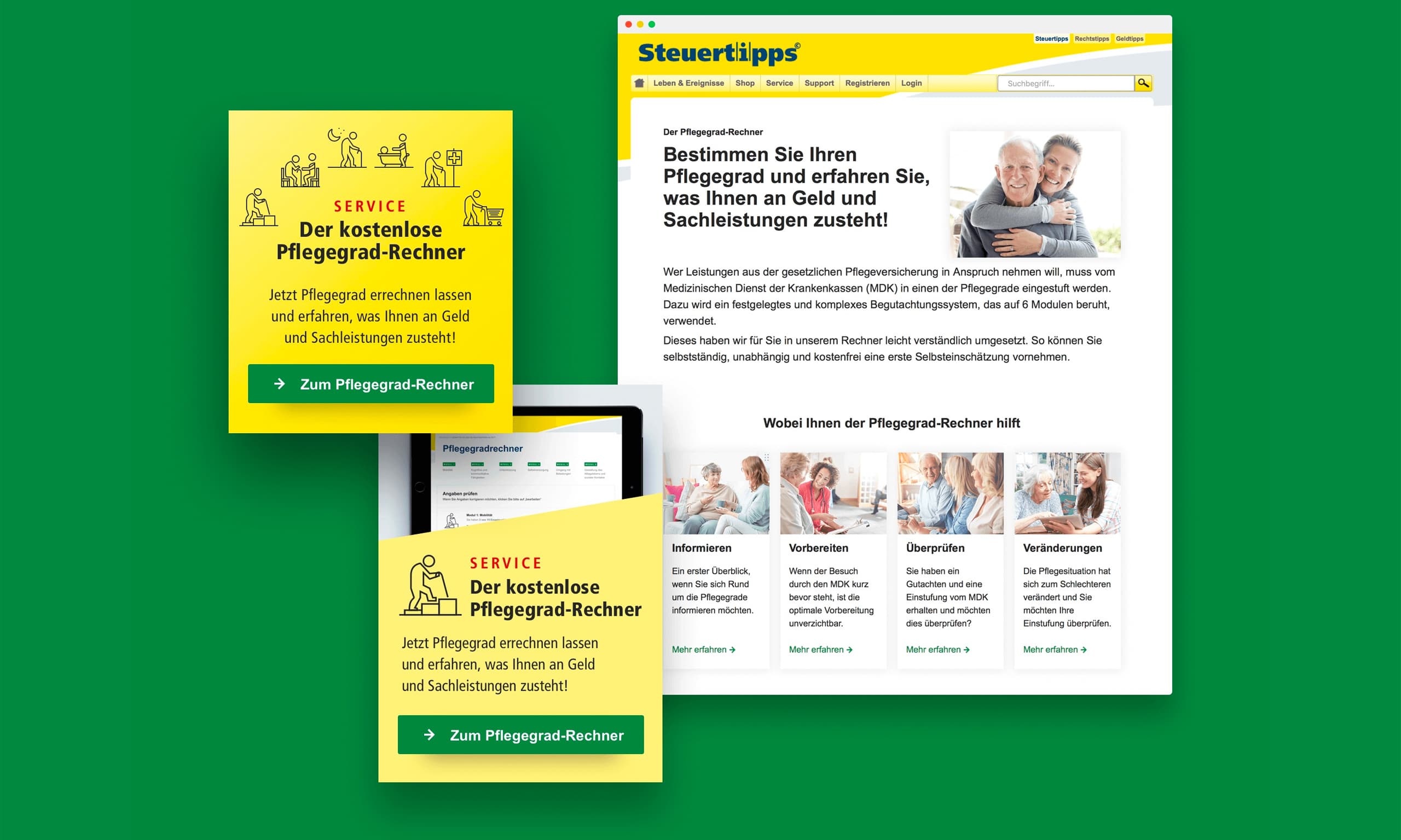 Landingpage und Werbemittel für den steuertipps.de Pflegegradrechner