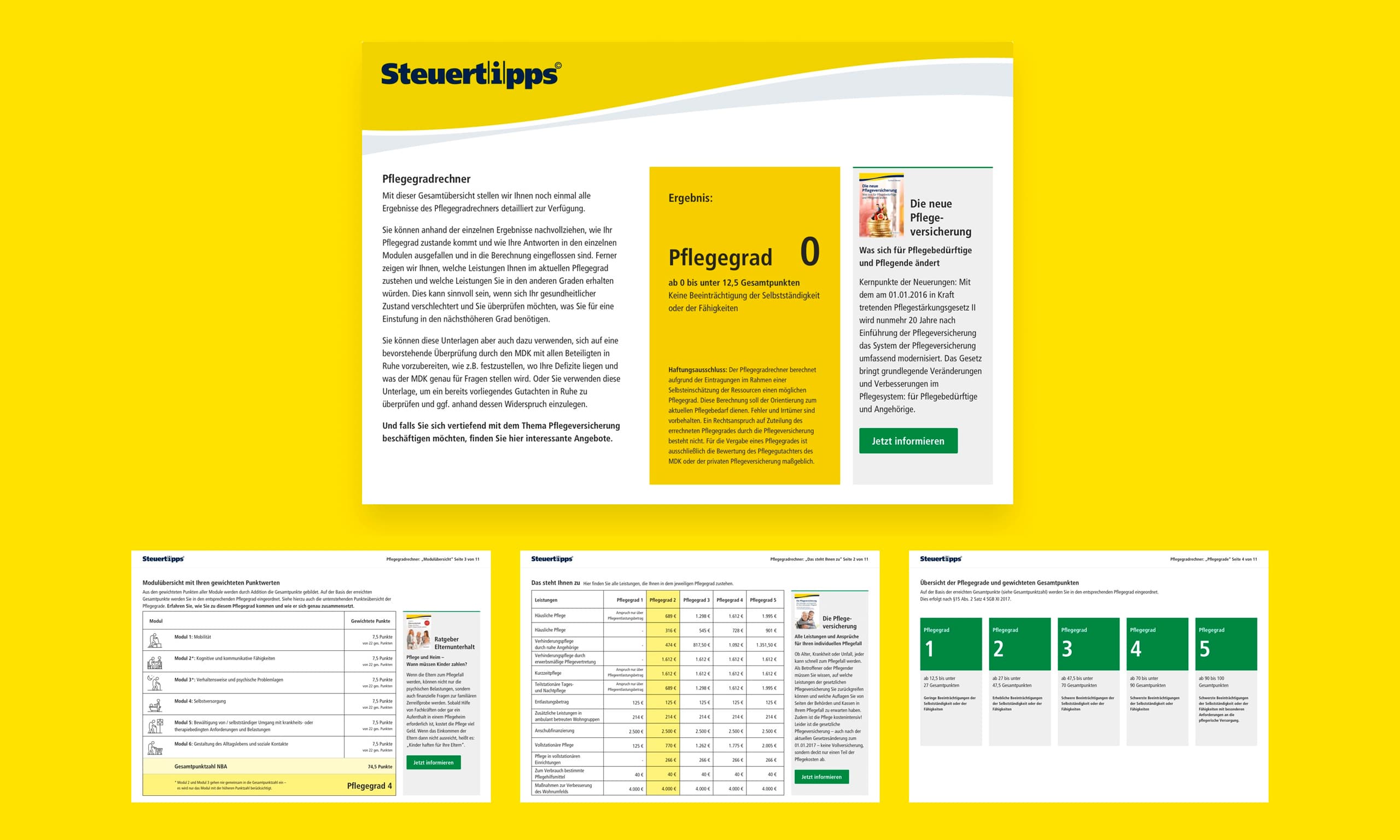 Landingpage und Werbemittel für den steuertipps.de Pflegegradrechner