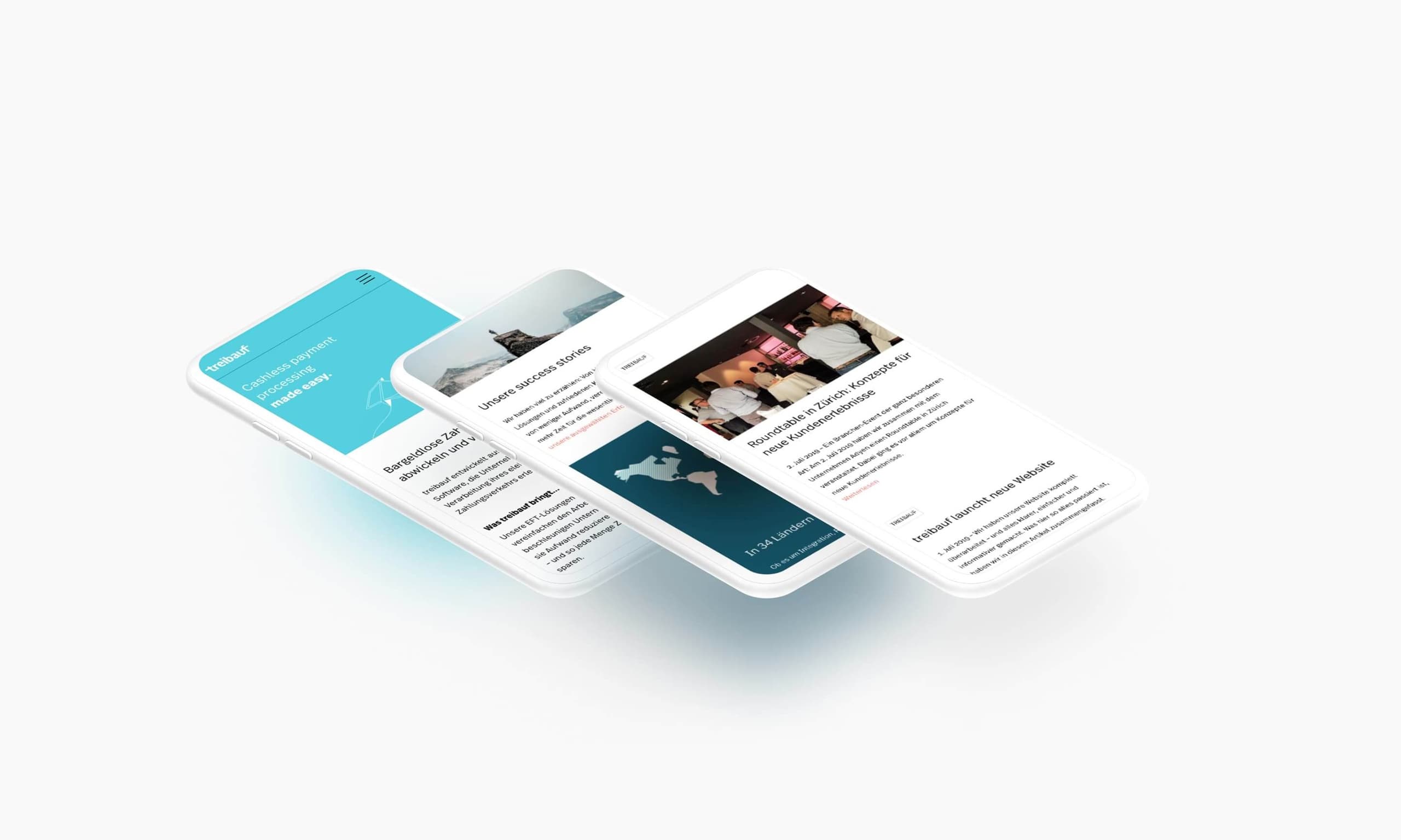 Abbildung von drei mobilen Screens aus dem Websiterelaunch der treibauf AG