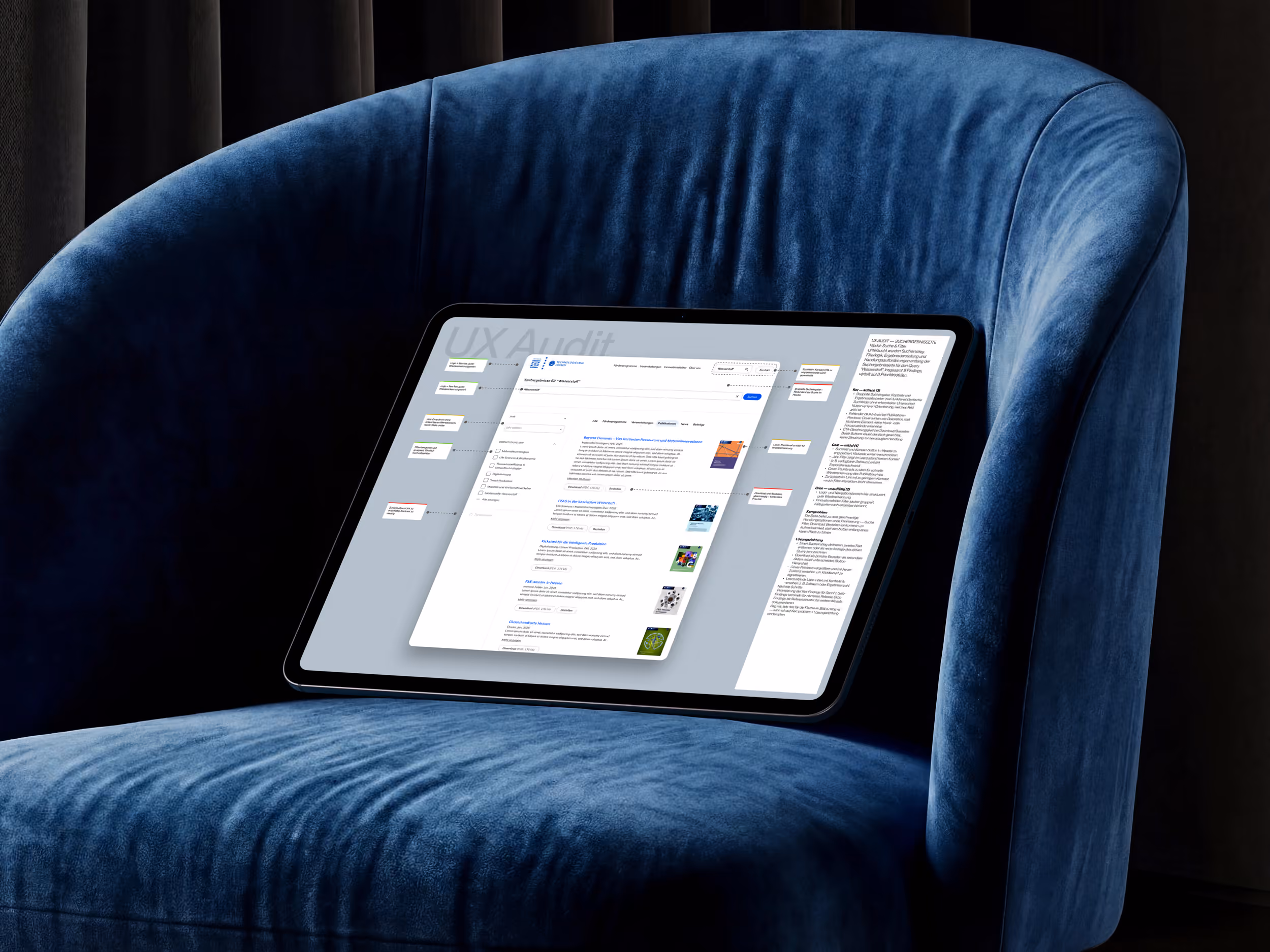 Monitor mit UX-Audit-Board: priorisierte Verbesserungen an UI-Modulen