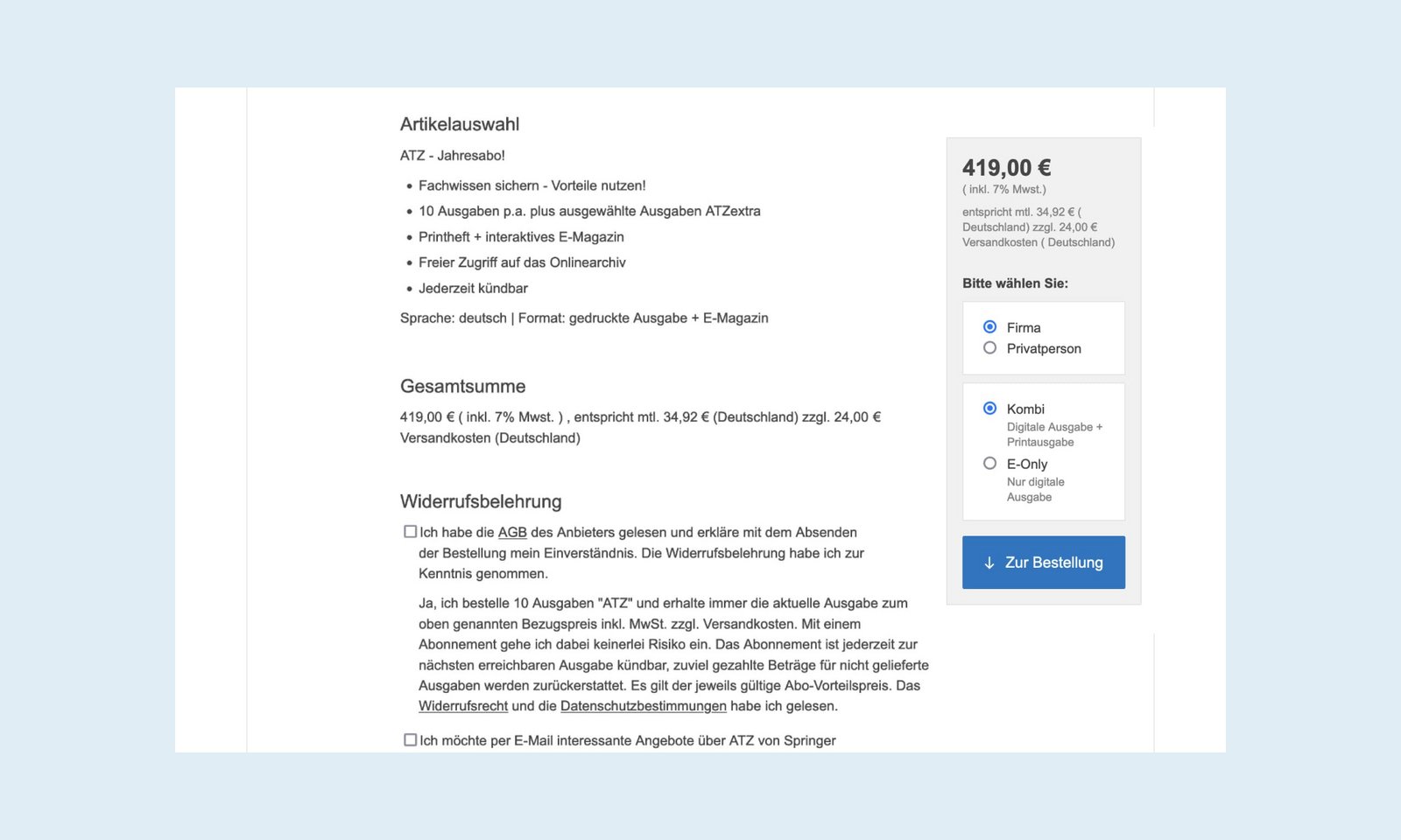 Abbildung der ATZ Bestellseite unter meinfachwissen.de