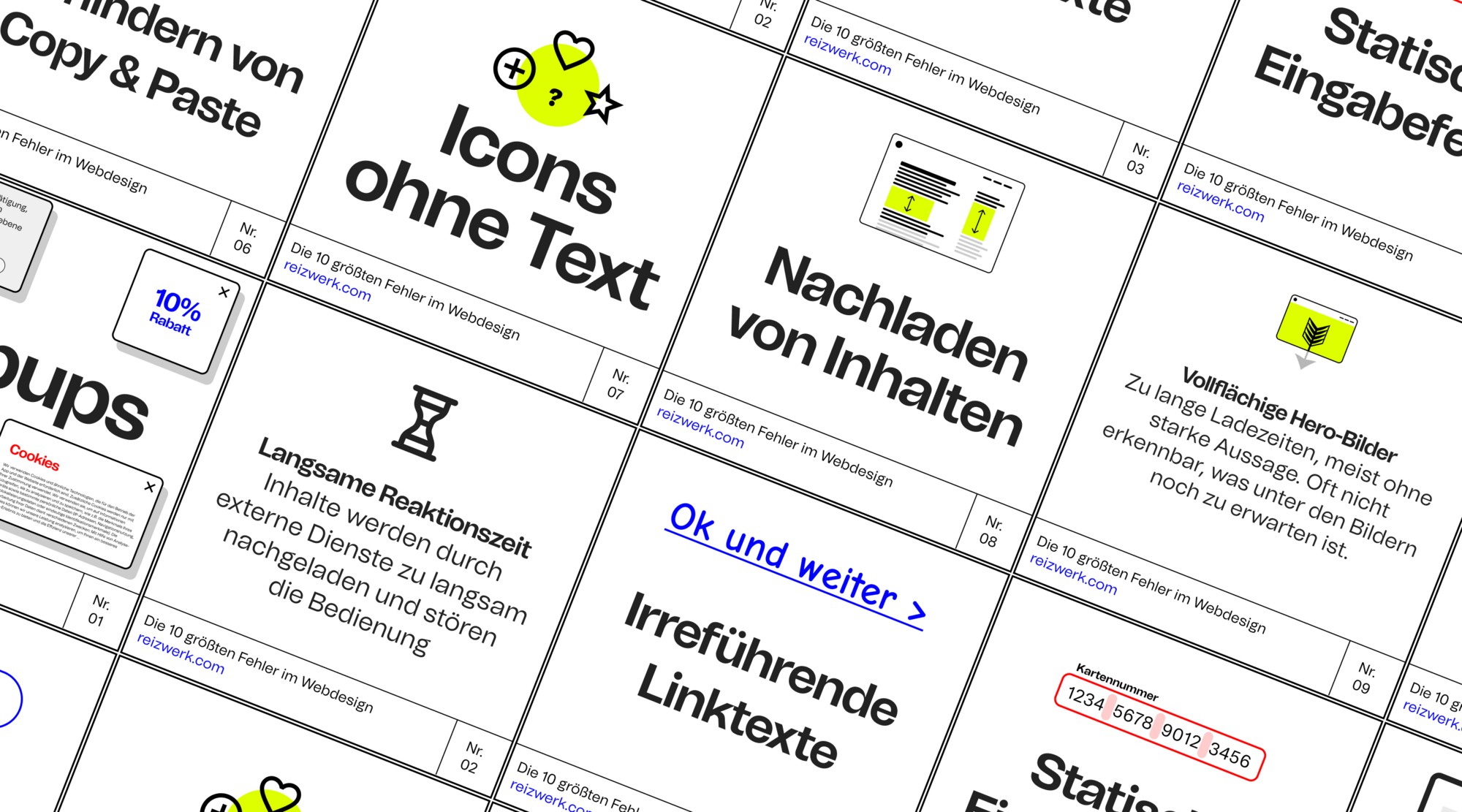 Eine visuelle Darstellung von verschiedenen Fehlern aus dem Webdesign.