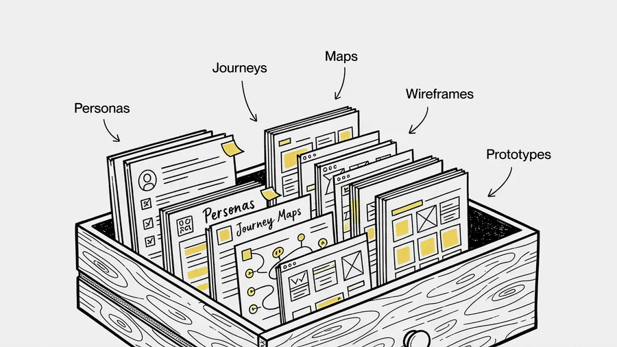 Illustration einer geöffneten Schublade gefüllt mit UX-Dokumenten wie Personas, Wireframes und Journey Maps