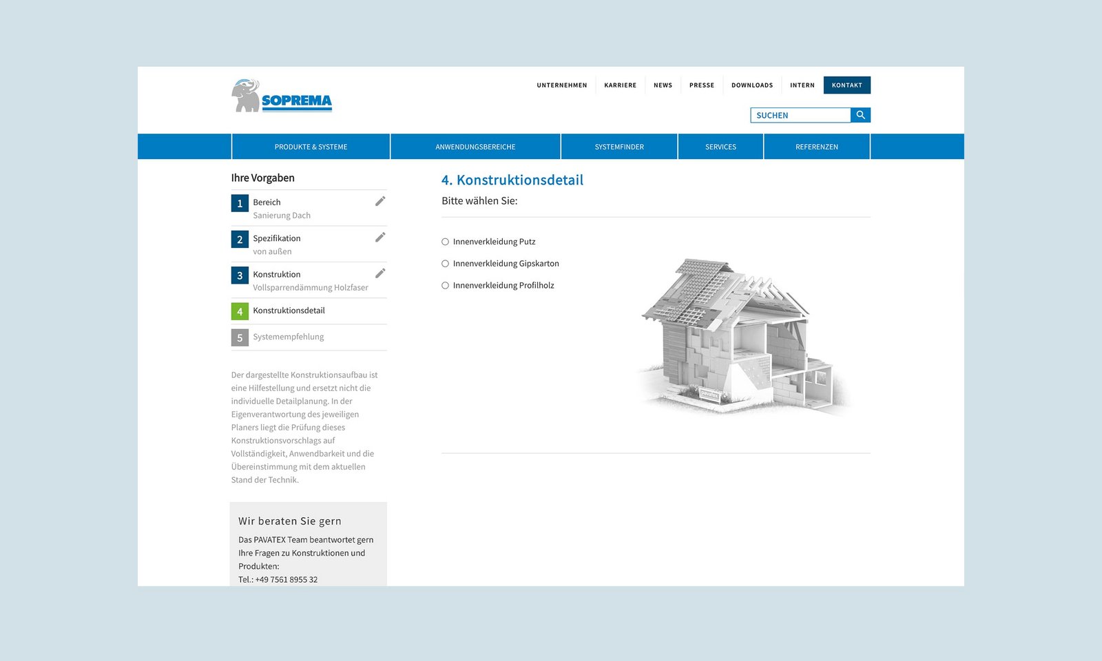 Darstellung der Konstruktionsdetails in der mobilen Ansicht des Pavatex Konstruktionsfinders