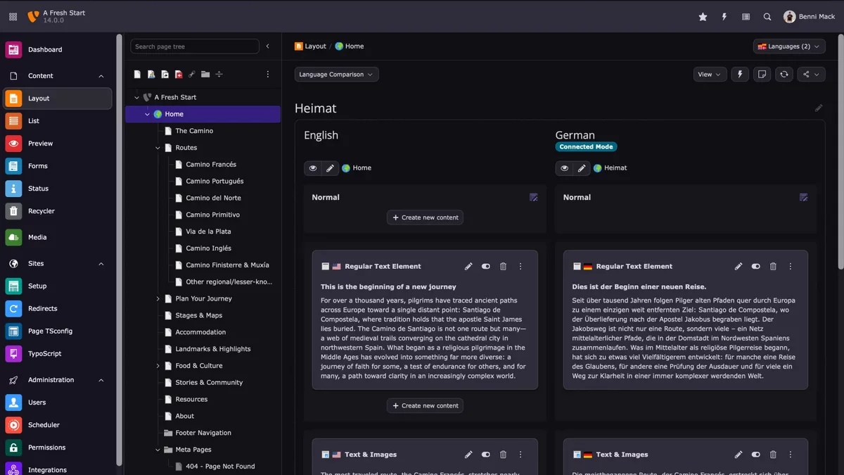 TYPO3 v14 Seitenmodul im Dark Mode – Sprachvergleich und Layoutstruktur