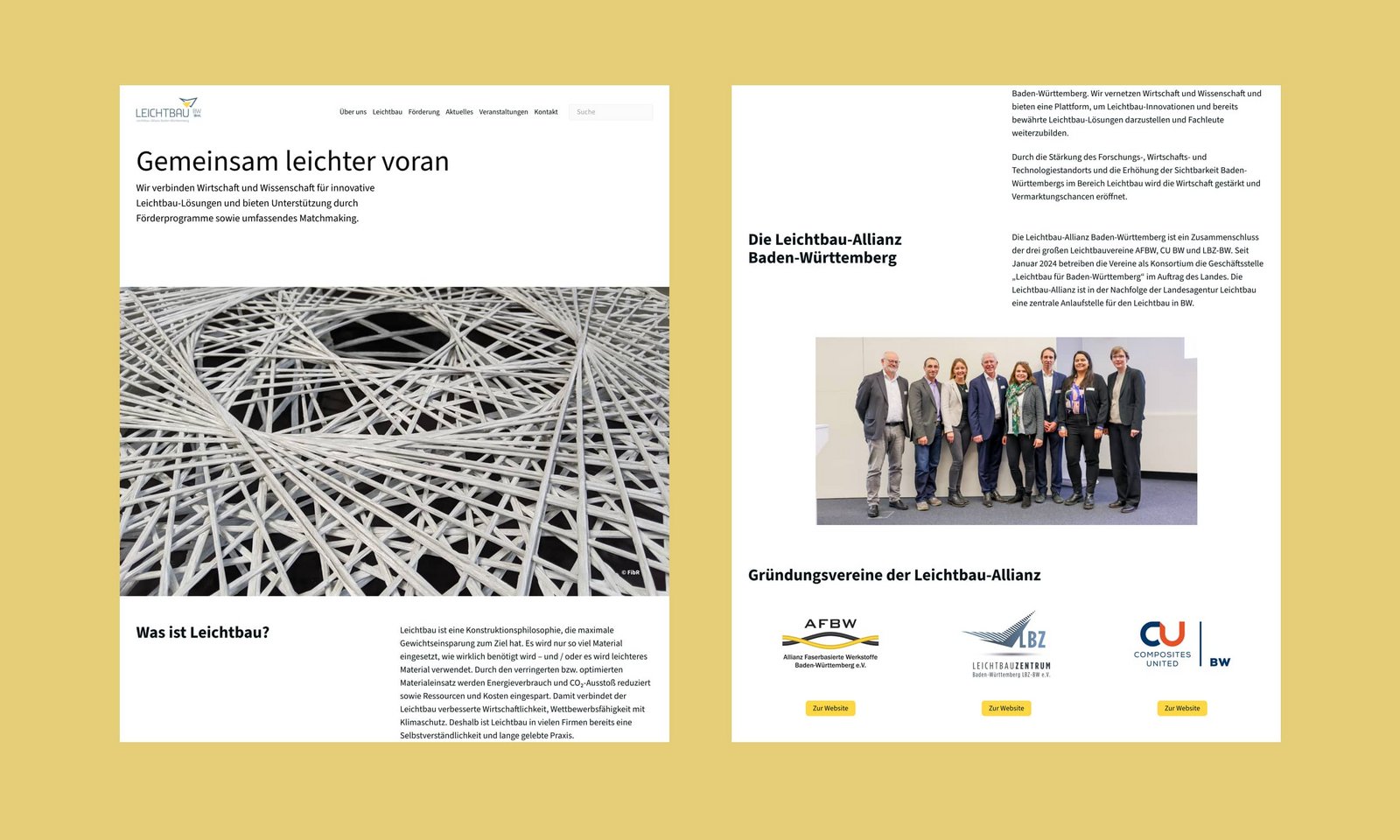 Screenshot von der Seite "Über uns" von der Leichtbau Allianz Seite