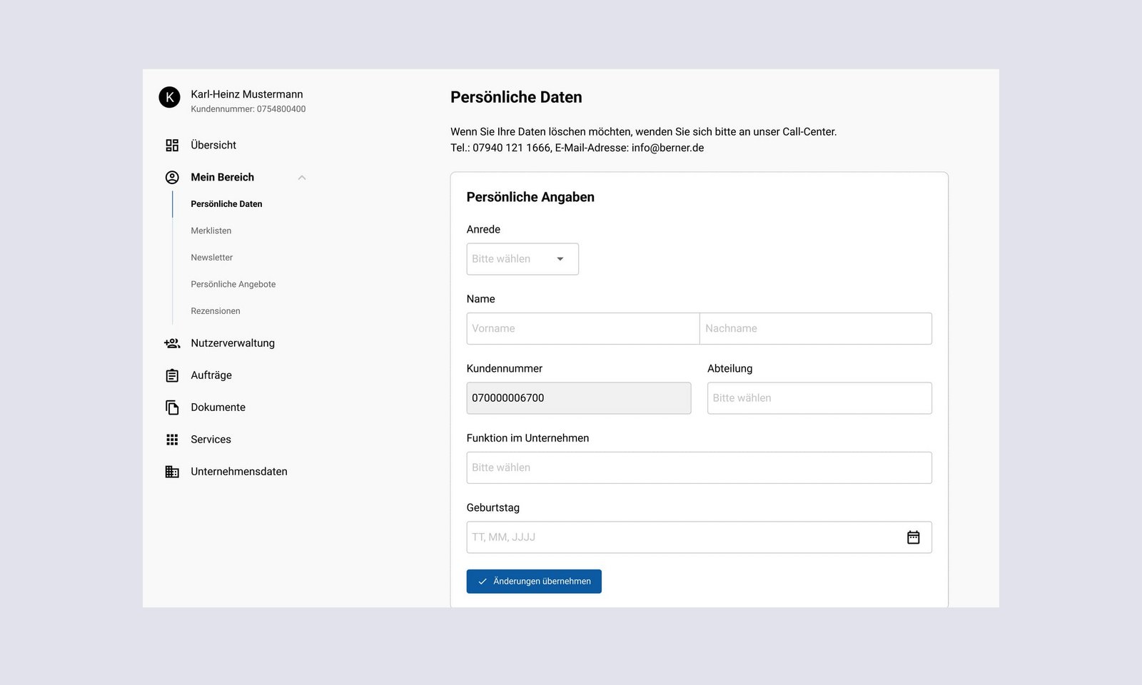 Screenshot der Berner Webseite. Gezeigt werden die persönlichen Daten