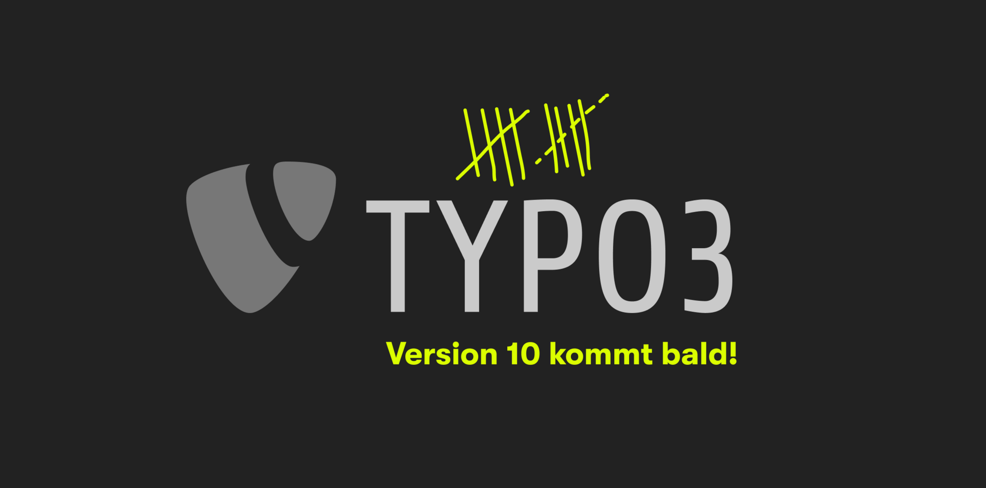 Typo3 Facelift mit Finetuning - Typo3 CMS 10.4 LTS Weißes Typo 3 Logo auf schwarzem Hintergrund. Darunter steht: Version 10 kommt bald