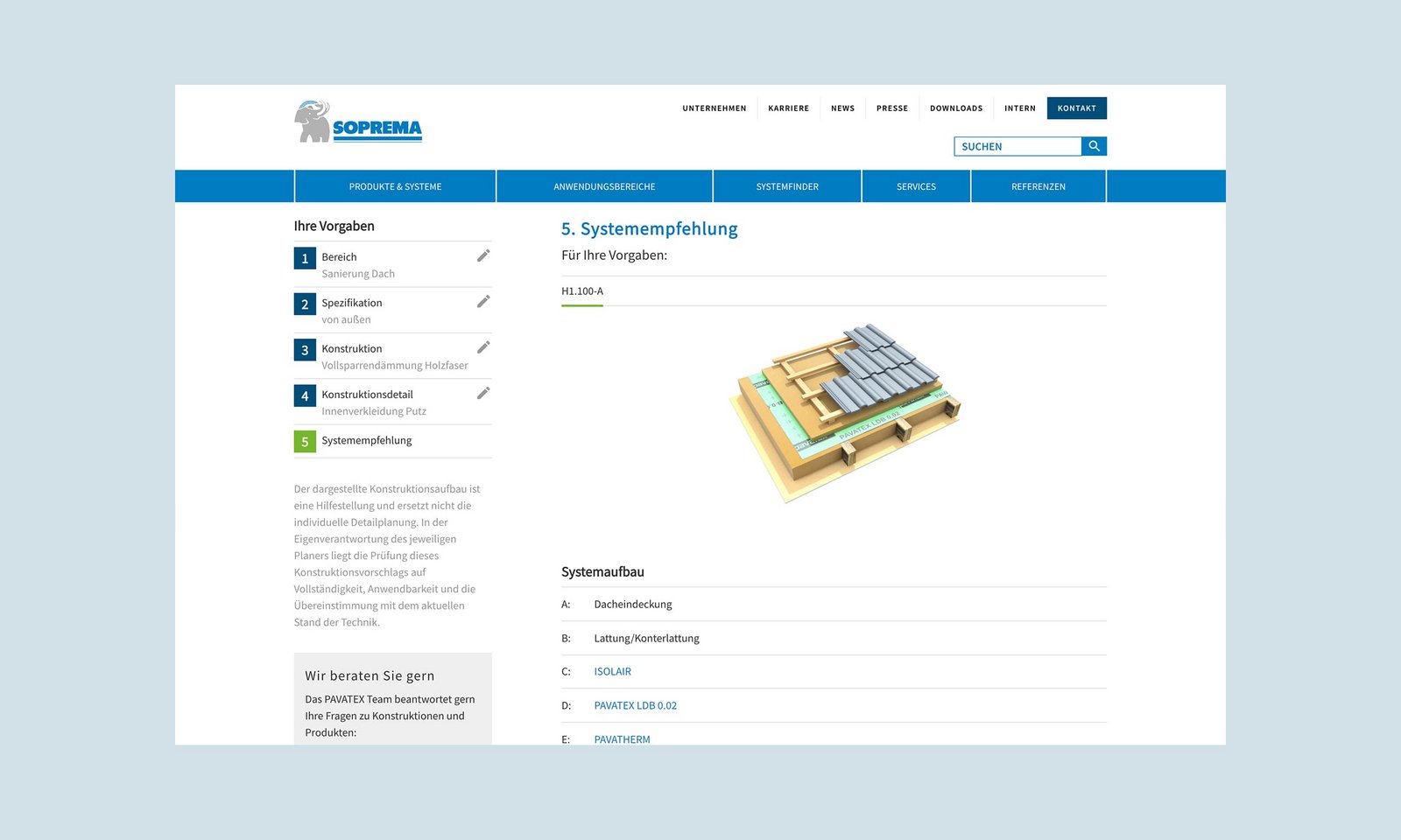 Darstellung der Systemempfehlung Pavatex Konstruktionsfinders