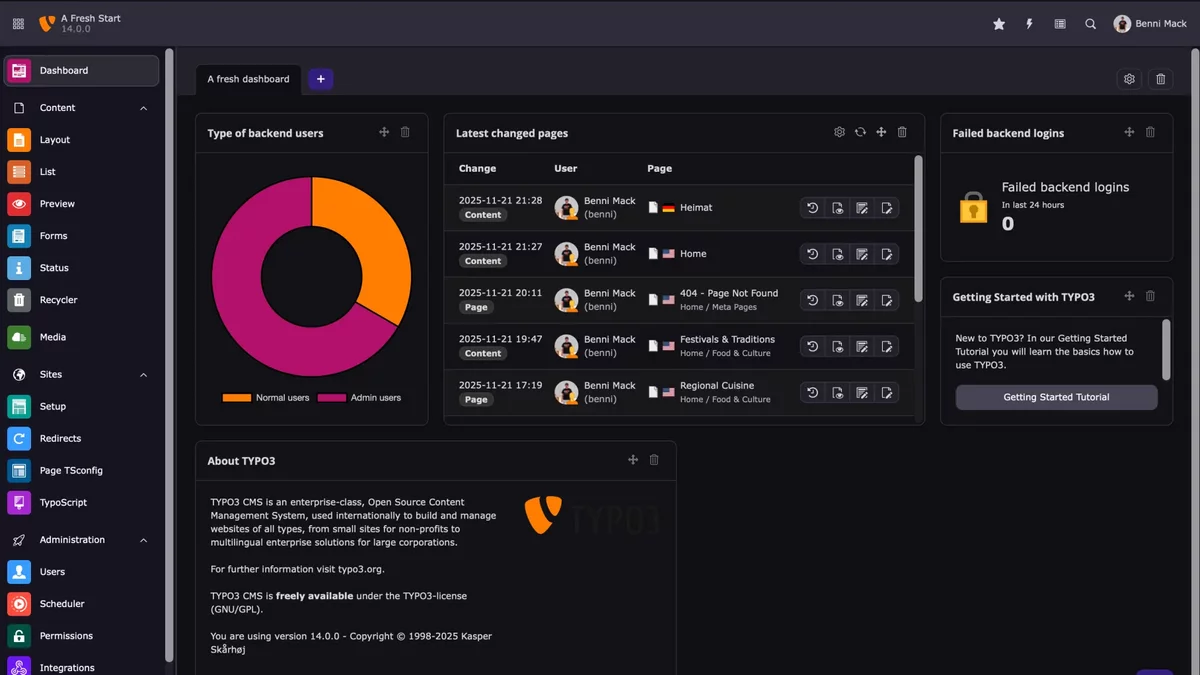 TYPO3 v14 Backend-Dashboard im Dark Mode – überarbeitete Modulstruktur