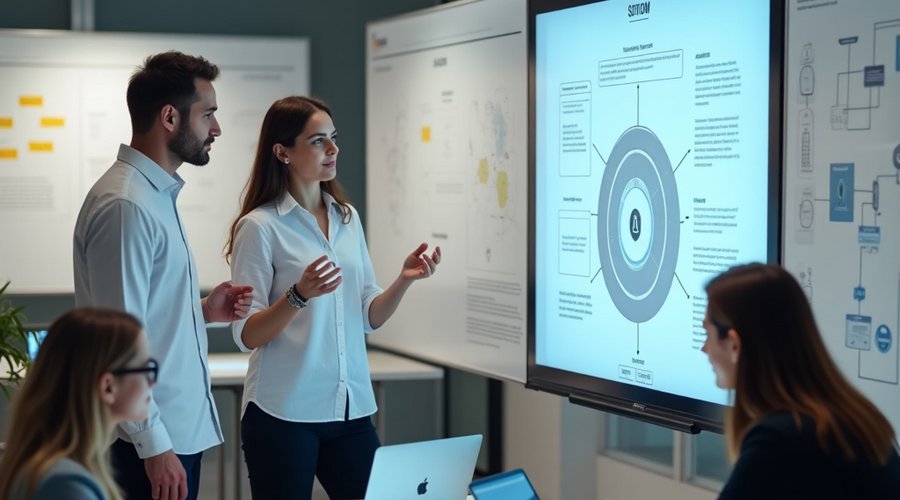 3 Personen vor einem Smartboard, das eine Grafik zeigt.